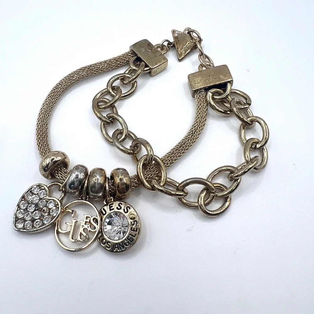 GUESS Gold Tone Charm Bracelet Rhinestone Heart Logo Multi Strand Y2K 7